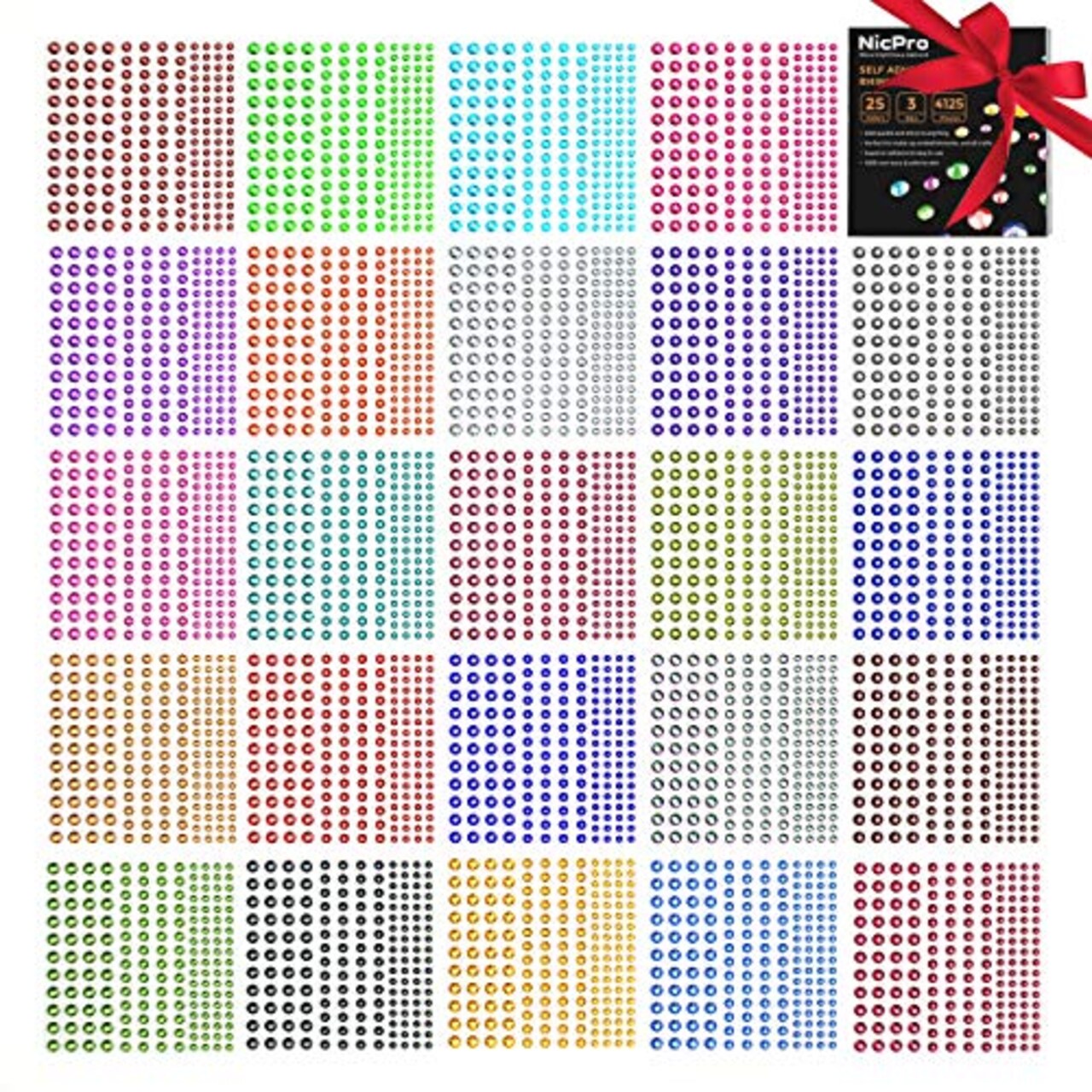 4125 Pieces, Self Adhesive Face Gems Stick on Body Jewels Crystal in 3 Size 25 Colors,25 Embellishments Sheet for Decorations Crafts Nail Makeup